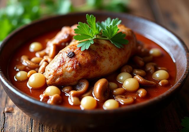 Plat de Coq au Vin préparé lors de l'atelier de cuisine.